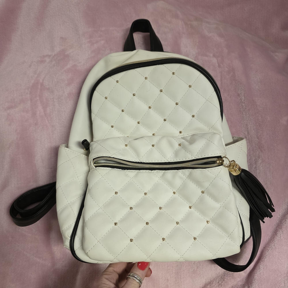 Claire's White Quilted Mini Backpack with Black Trim and Gold Accents